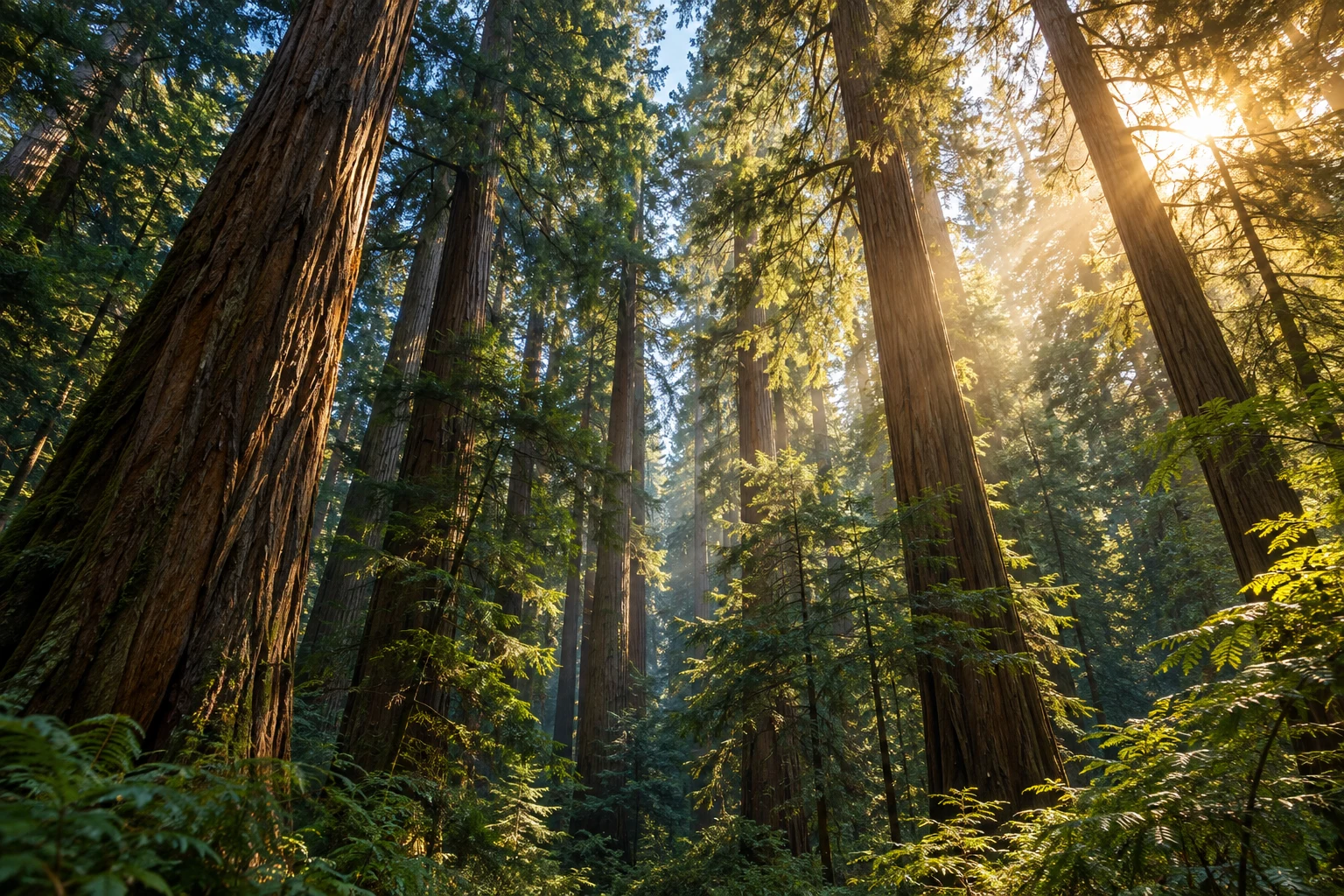 Tall forest trees reaching toward warm sunlight